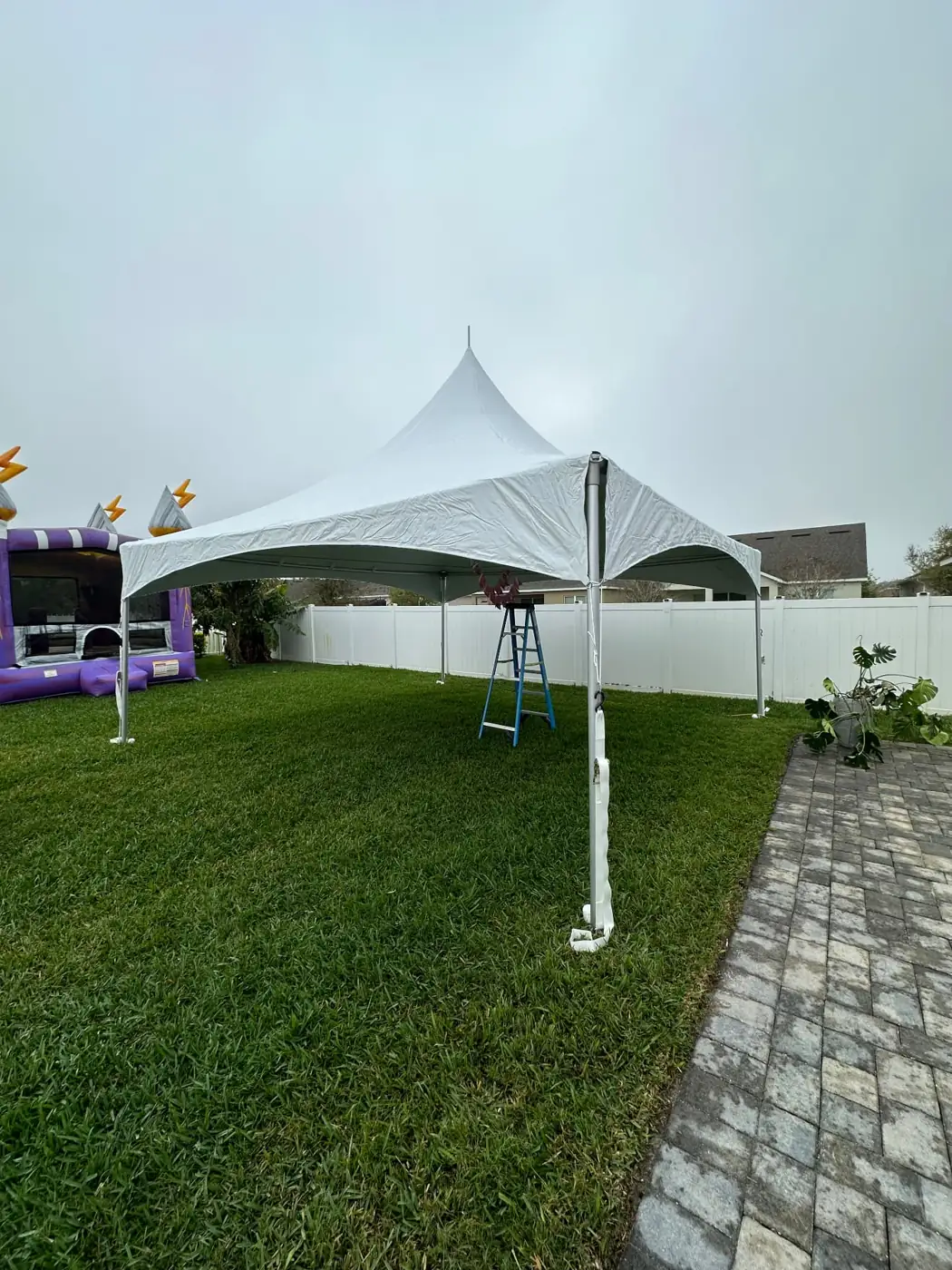 White peaked event tent on grass beside a paved walkway